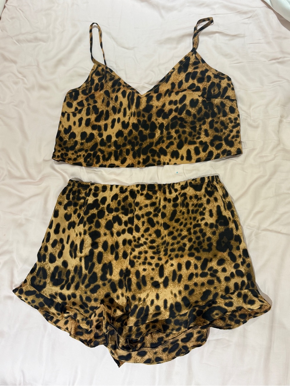 Superdown Leopard Satin Sleep Set Cami & Shorts Set - Size L